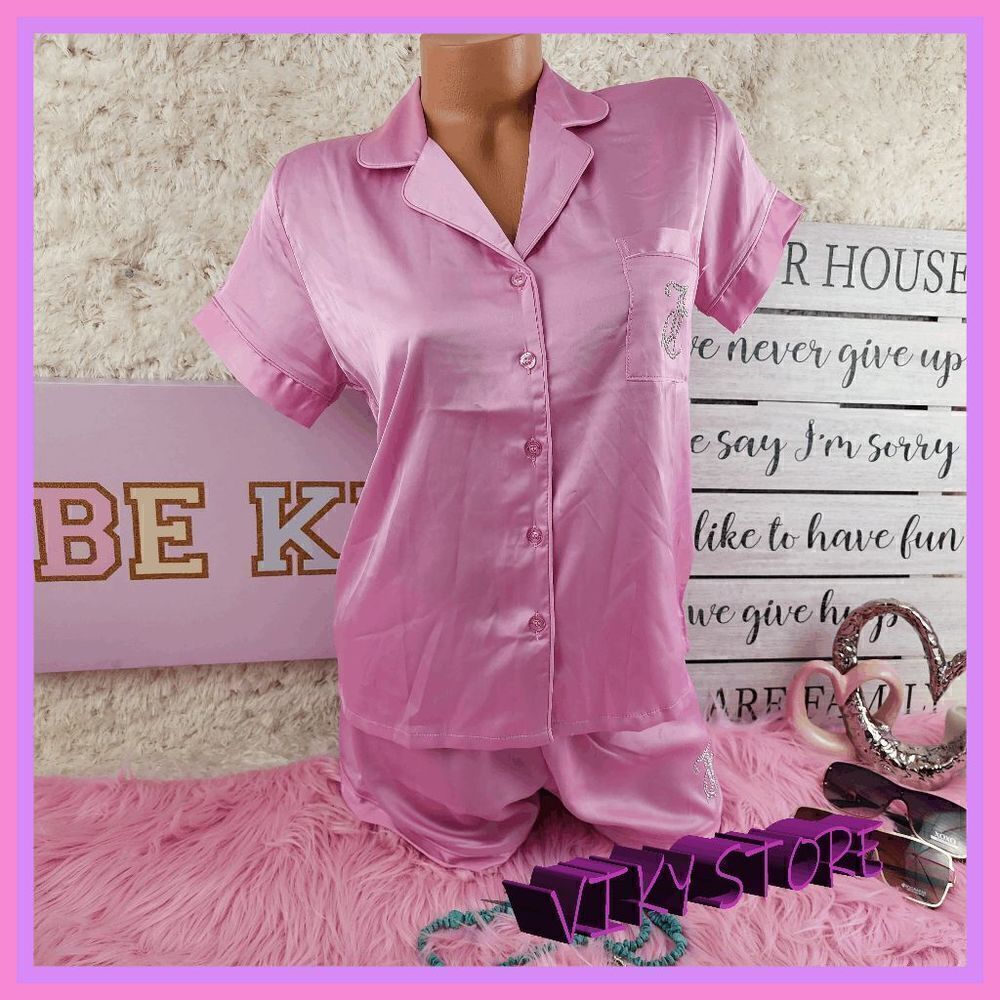 NWT {Juicy Couture} Pink Studded Logo Satin 2 Pieces Pajama Set Large NWT
